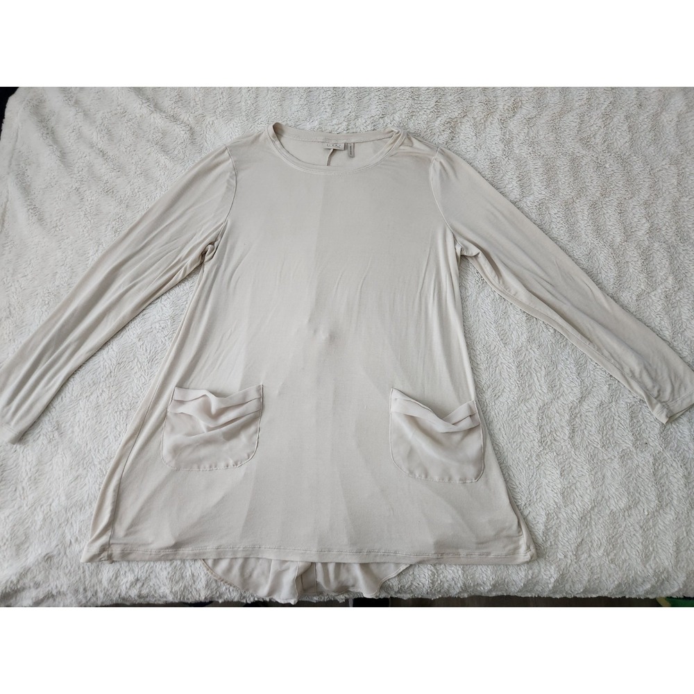 LOGO by Lori Goldstein Top Womens Large Beige Long Sleeve Chiffon Pocket Tunic